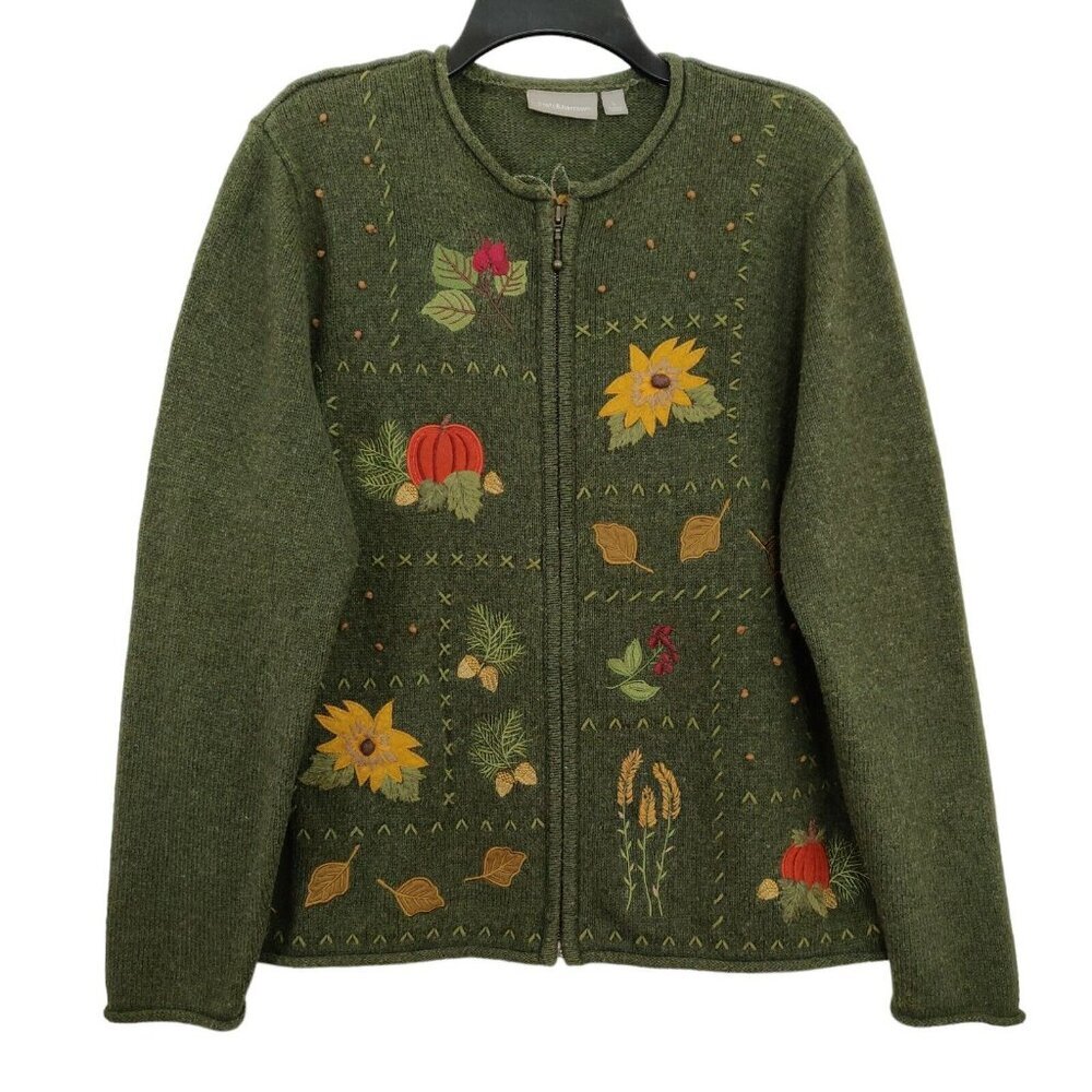 croft & barrow Olive Green Zip-Front Sweater Cardigan with Autumn Embroidery